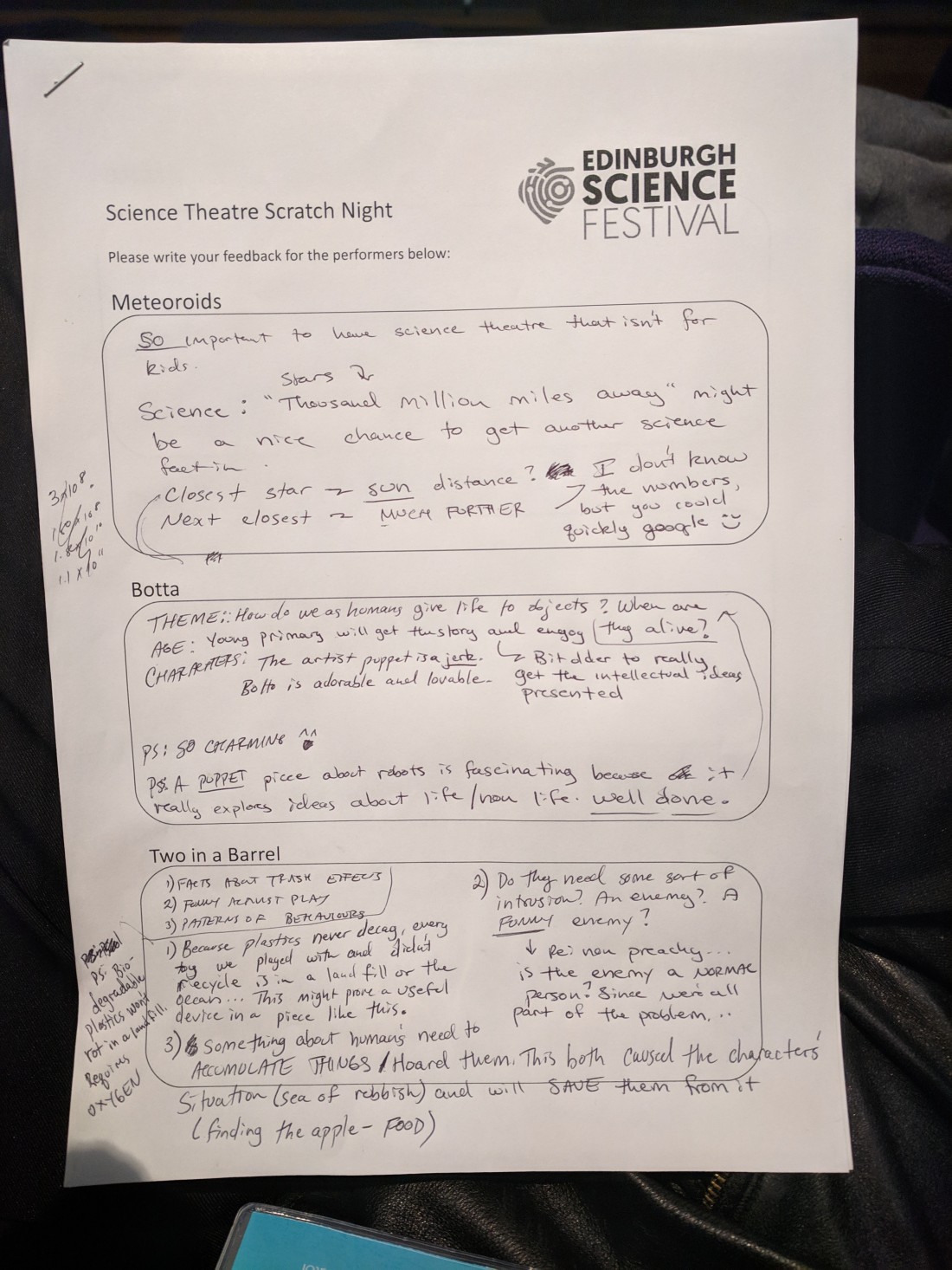 Page of illegible notes for Edinburgh Science Festival Science Theatre Scratch Night